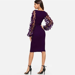 Purple Applique Mesh Sleeve Midi Dress