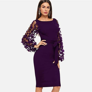 Purple Applique Mesh Sleeve Midi Dress