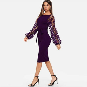 Purple Applique Mesh Sleeve Midi Dress