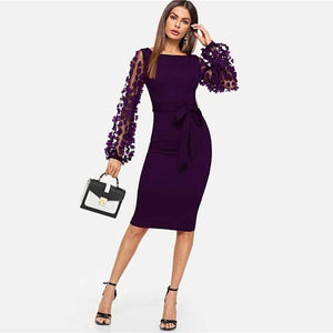 Purple Applique Mesh Sleeve Midi Dress