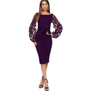 Purple Applique Mesh Sleeve Midi Dress