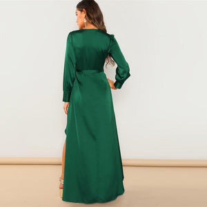 V-Neck Belted Wrap Asymmetric Party Maxi Dress