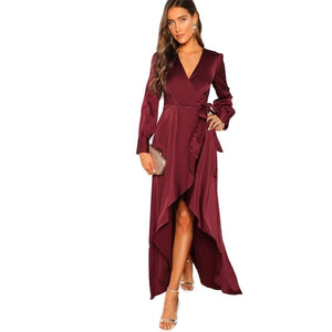 V-Neck Belted Wrap Asymmetric Party Maxi Dress