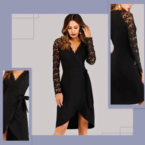 Black V Neck Lace Wrap Dress