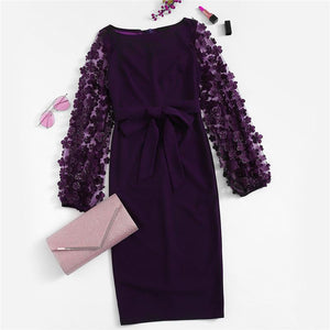 Purple Applique Mesh Sleeve Midi Dress