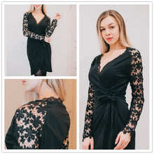 Charger l&#39;image dans la galerie, Black V Neck Lace Wrap Dress