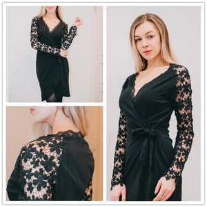 Black V Neck Lace Wrap Dress