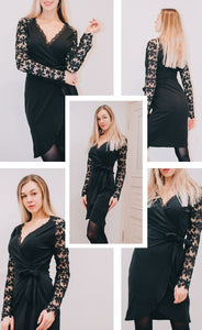 Black V Neck Lace Wrap Dress