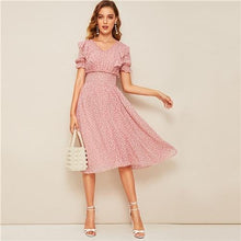 Charger l&#39;image dans la galerie, Pink Ruffle Trim Puff Sleeve Shirred Waist Fit and Flare Dress